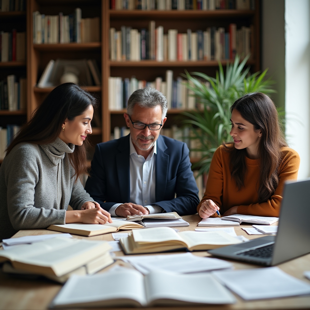 Redaktionsteam recherchiert Fachliteratur zu Kommunikation am Arbeitsplatz